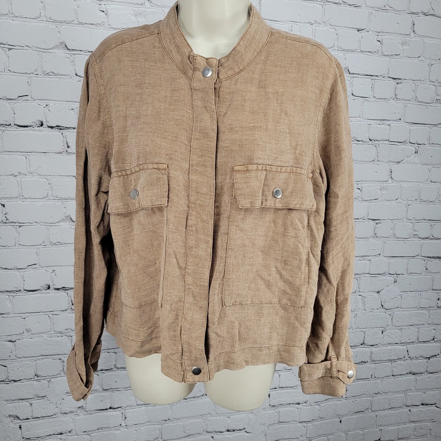 Nicole Miller Brown Linen Blend Lightweight Unlined Snap Jacket Size Large L
