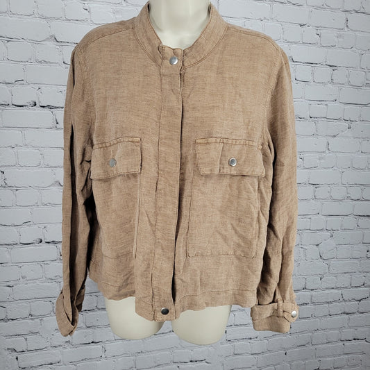 Nicole Miller Brown Linen Blend Lightweight Unlined Snap Jacket Size Large L