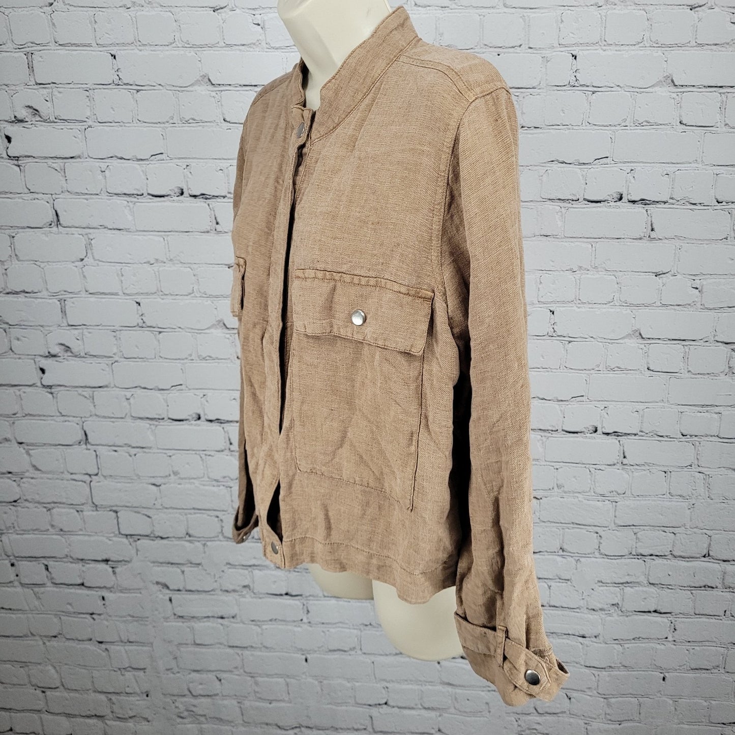 Nicole Miller Brown Linen Blend Lightweight Unlined Snap Jacket Size Large L
