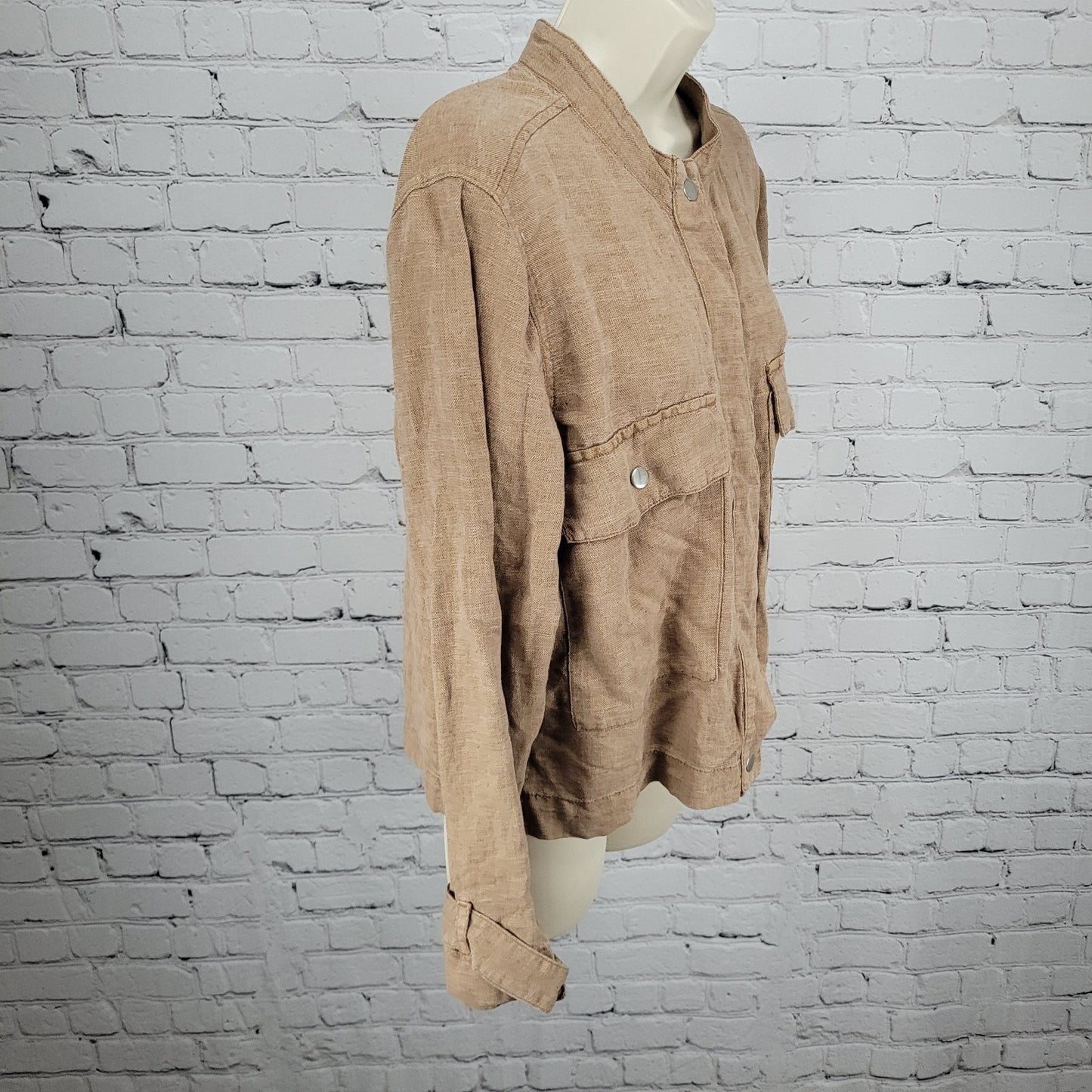 Nicole Miller Brown Linen Blend Lightweight Unlined Snap Jacket Size Large L