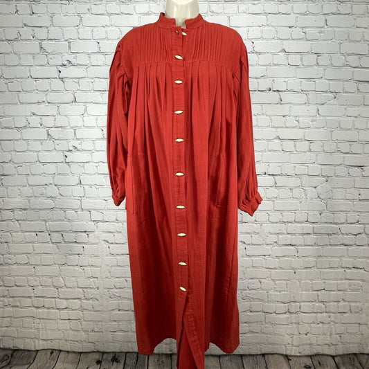 Opus 2 Orange Red Cotton Pleated Flowy Maxi Dress Handmade Pockets Button O/S