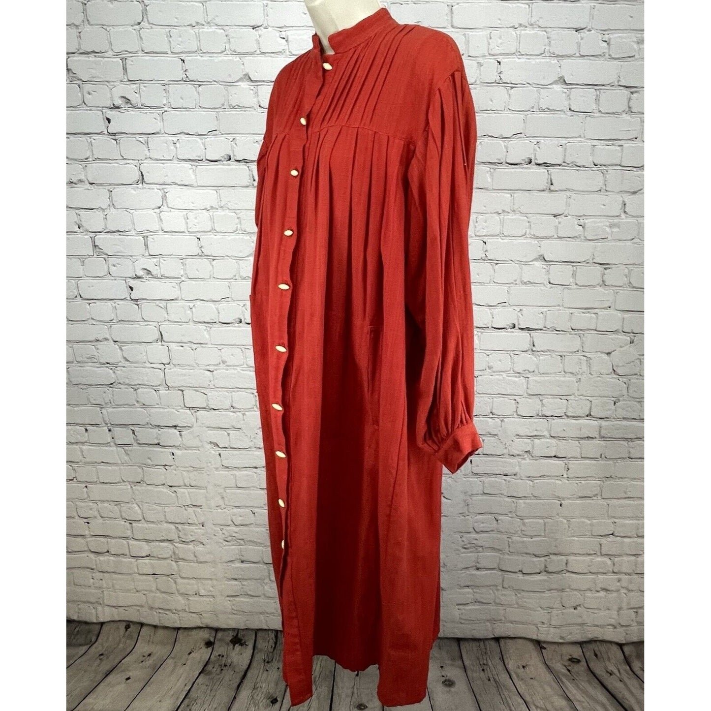 Opus 2 Orange Red Cotton Pleated Flowy Maxi Dress Handmade Pockets Button O/S