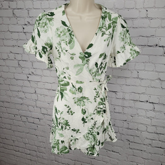 Abercrombie & Fitch White & Green Linen Cotton Floral Wrap Tie Dress Size XSP