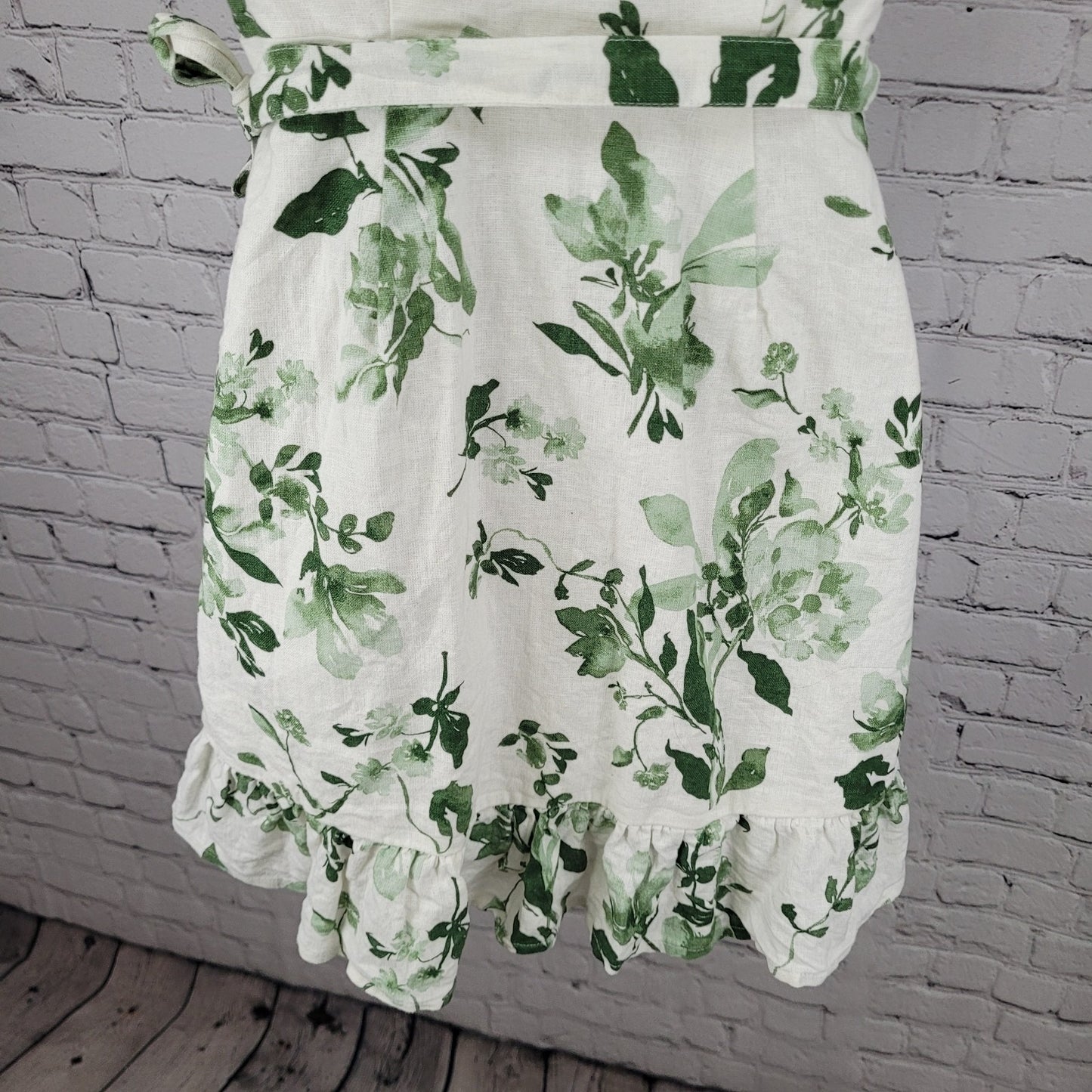 Abercrombie & Fitch White & Green Linen Cotton Floral Wrap Tie Dress Size XSP