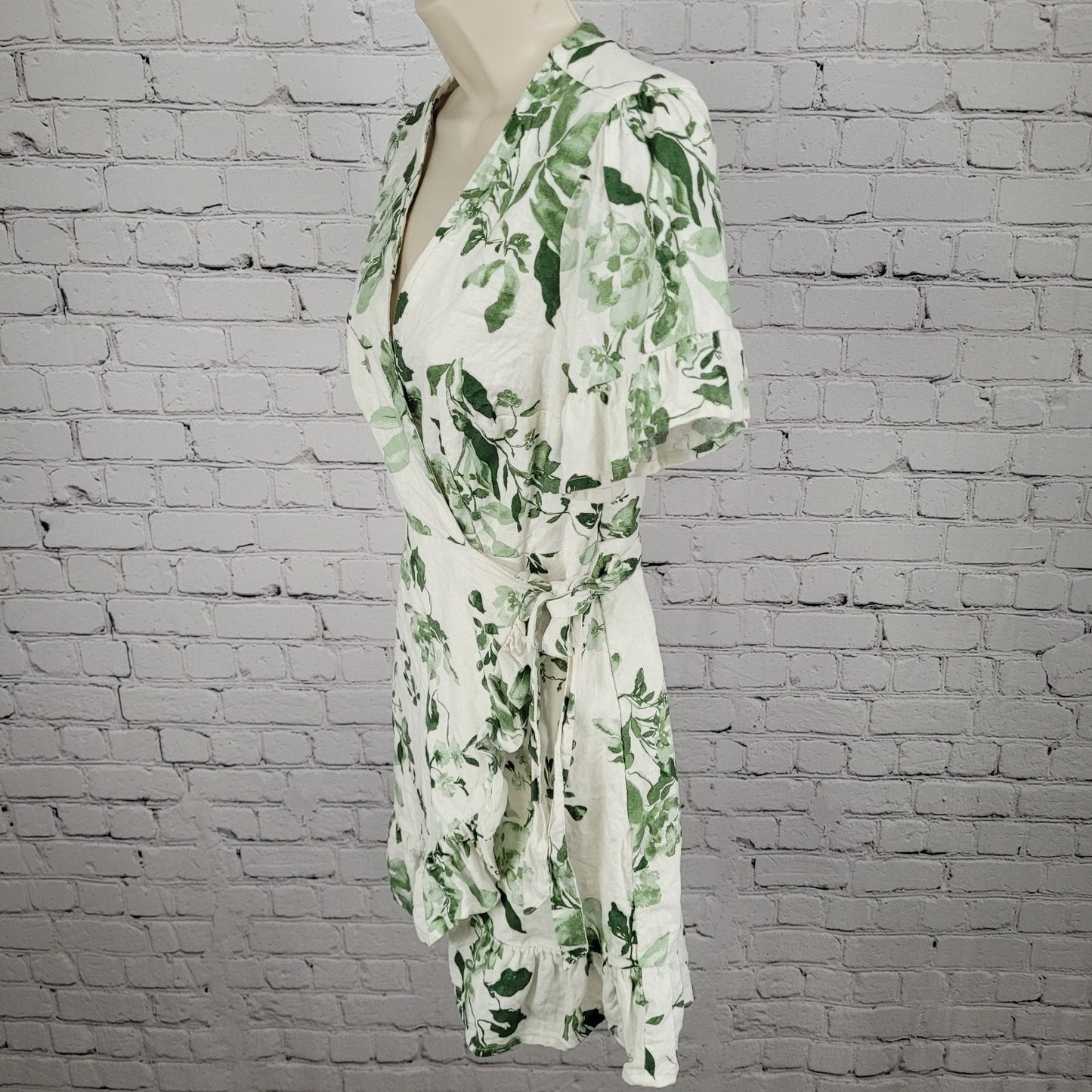 Abercrombie & Fitch White & Green Linen Cotton Floral Wrap Tie Dress Size XSP