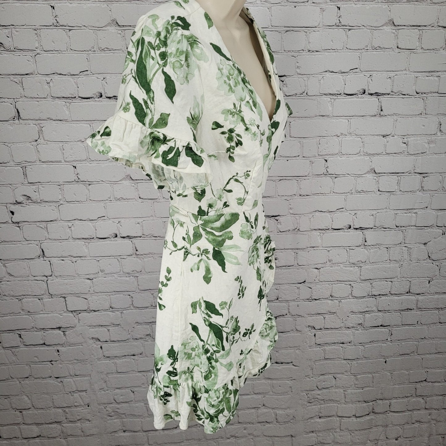 Abercrombie & Fitch White & Green Linen Cotton Floral Wrap Tie Dress Size XSP