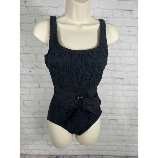 Vintage Oscar de la Renta Black Shirring Gold Metal Detail One Piece Swimsuit 12