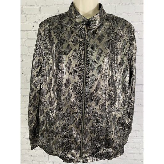 Chico’s Black Silver Full Zip Shiny Snake Print Long Sleeve Lined Jacket Size L