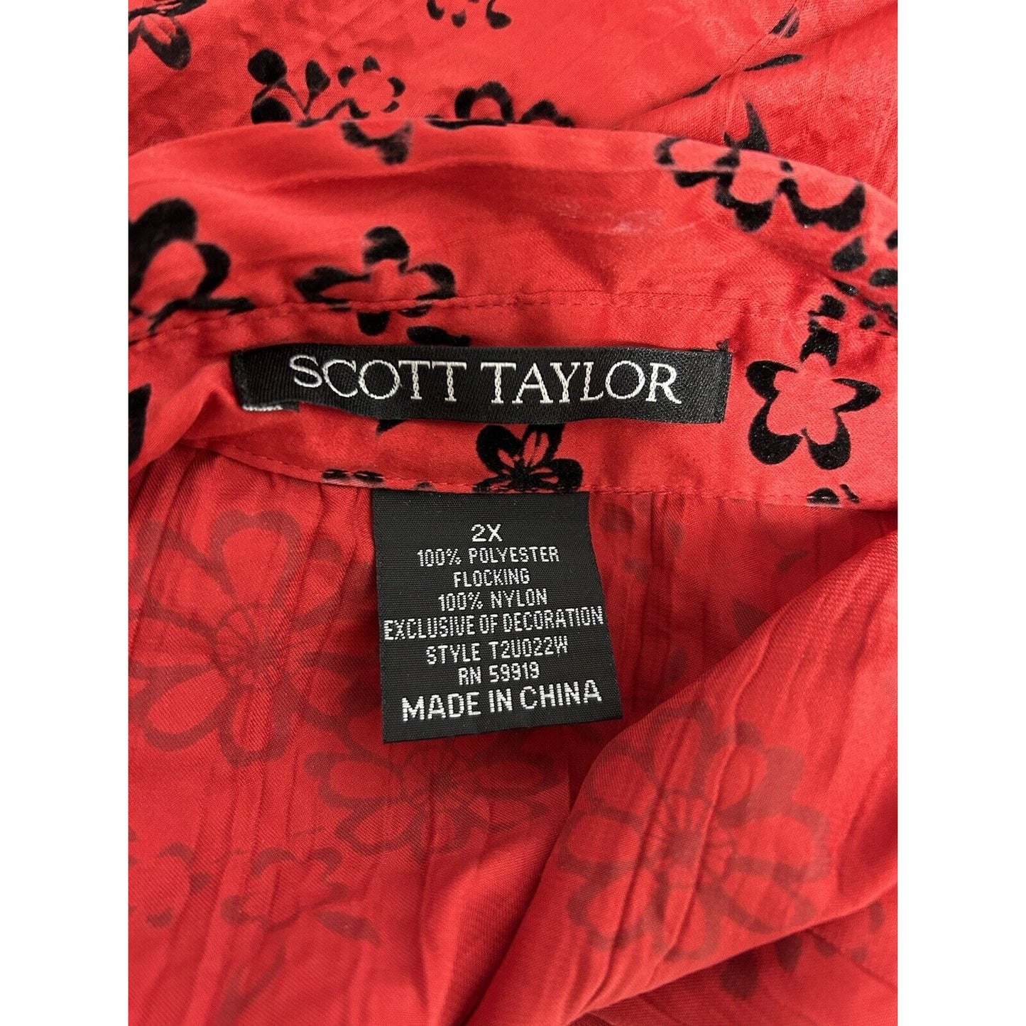 Scott Taylor Red Black Textured Floral Half Sleeve Button Up Blouse Women’s 2X