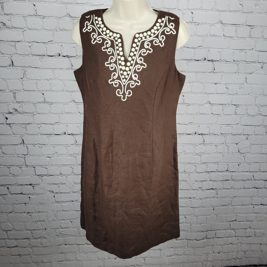 Talbots Brown 100% Linen Rhinestone Sleeveless Cotton Lined Sheath Dress 6P