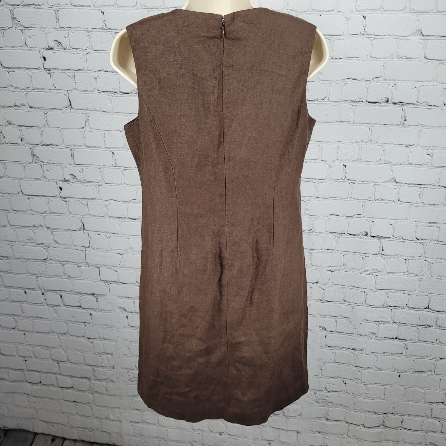 Talbots Brown 100% Linen Rhinestone Sleeveless Cotton Lined Sheath Dress 6P
