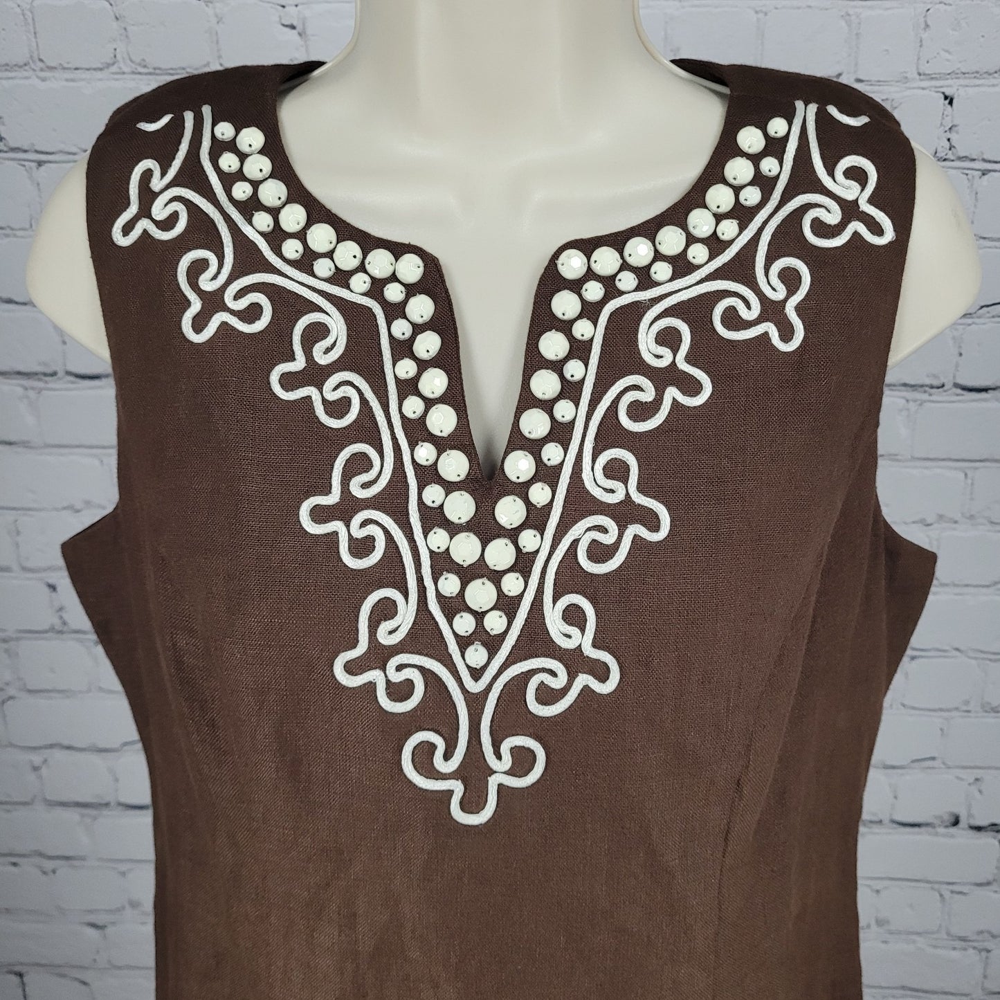 Talbots Brown 100% Linen Rhinestone Sleeveless Cotton Lined Sheath Dress 6P