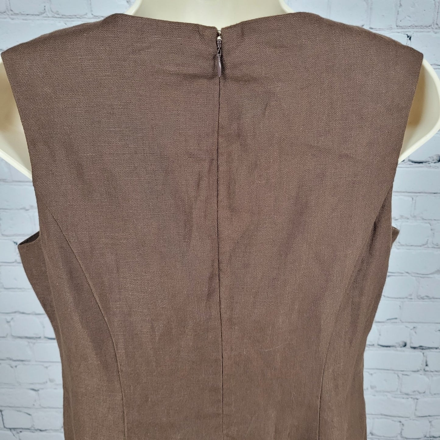 Talbots Brown 100% Linen Rhinestone Sleeveless Cotton Lined Sheath Dress 6P