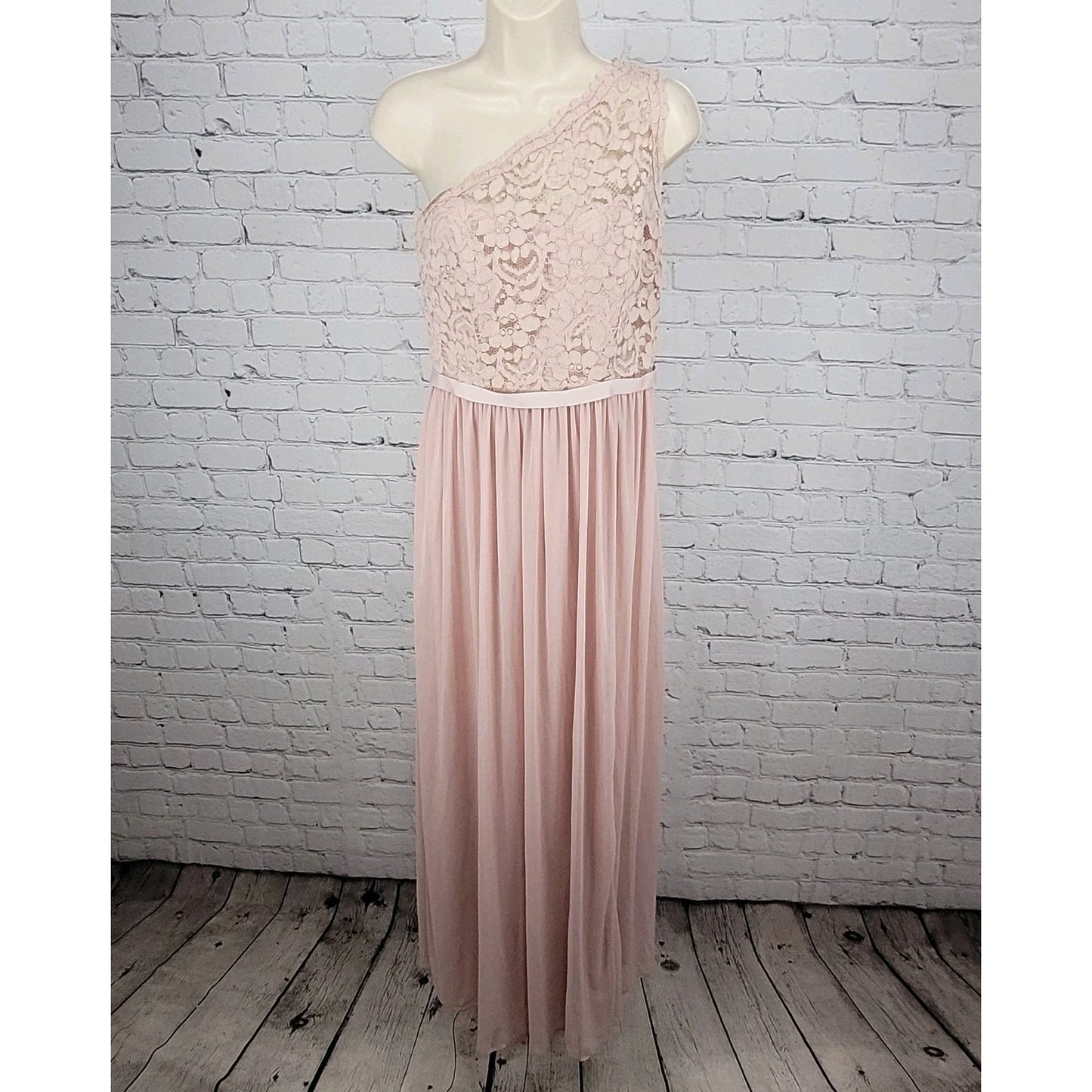 David's Bridal Pink Cameo Chiffon Lace Bodice One Shoulder Bridesmaid Dress 10