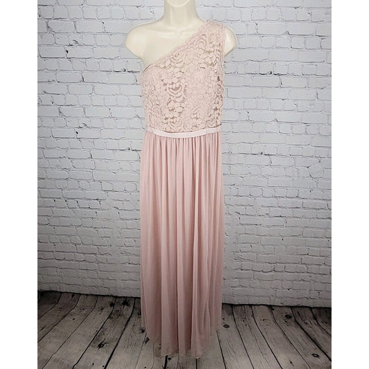 David's Bridal Pink Cameo Chiffon Lace Bodice One Shoulder Bridesmaid Dress 10