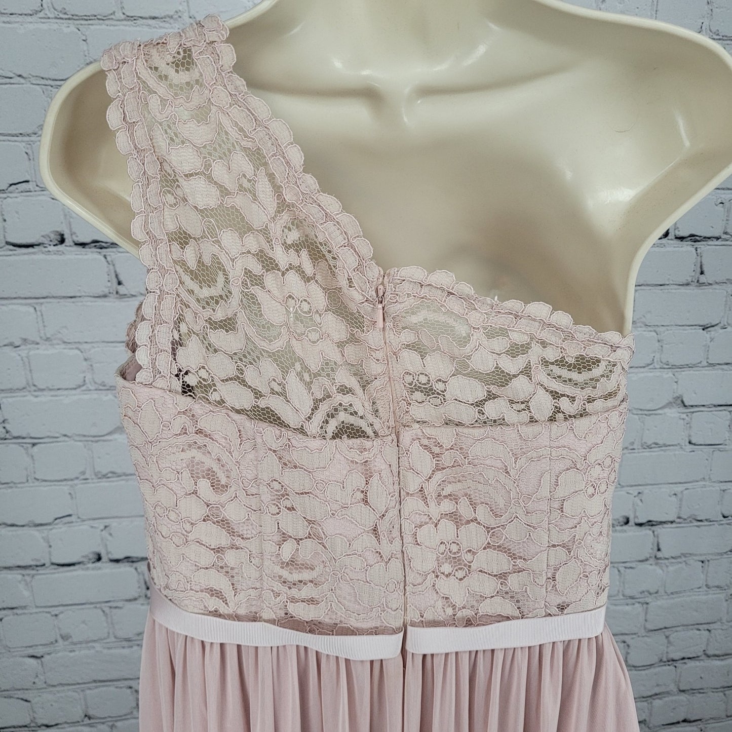 David's Bridal Pink Cameo Chiffon Lace Bodice One Shoulder Bridesmaid Dress 10