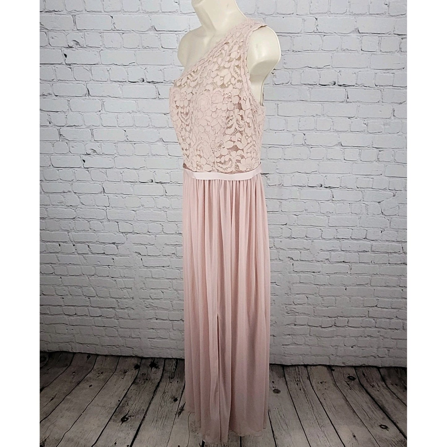 David's Bridal Pink Cameo Chiffon Lace Bodice One Shoulder Bridesmaid Dress 10