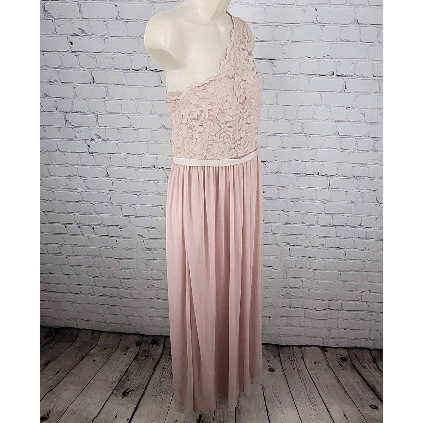 David's Bridal Pink Cameo Chiffon Lace Bodice One Shoulder Bridesmaid Dress 10