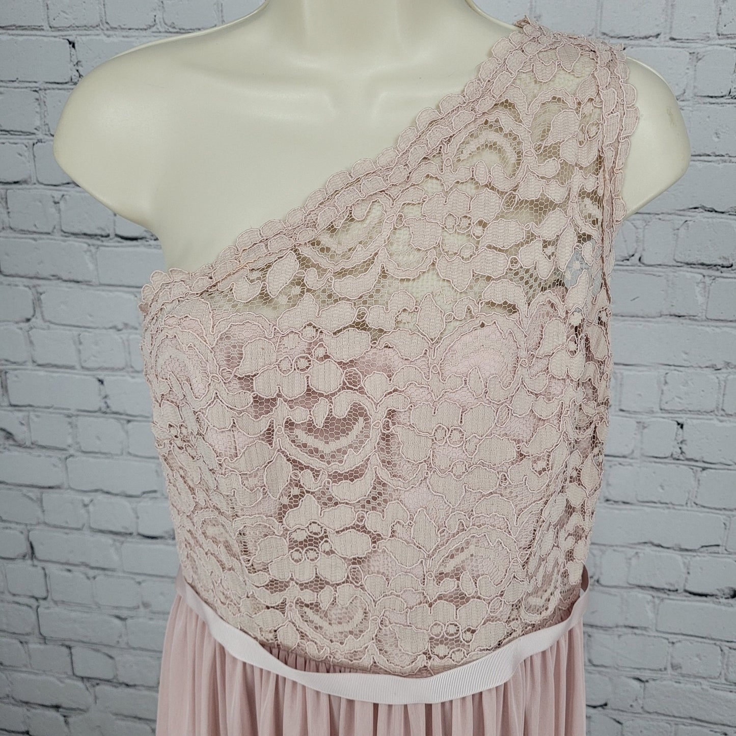 David's Bridal Pink Cameo Chiffon Lace Bodice One Shoulder Bridesmaid Dress 10