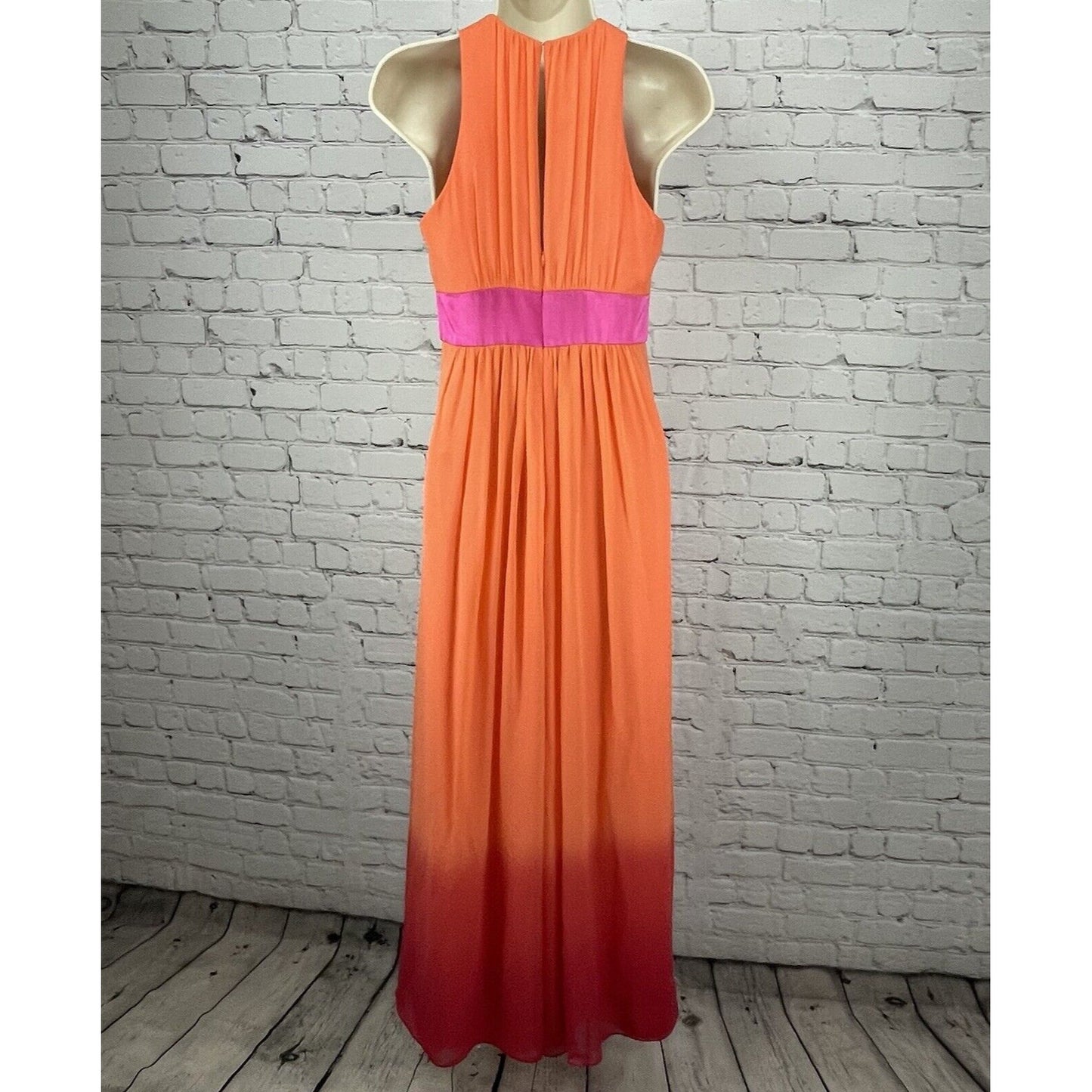 Kay Unger Orange Pink Silk Ombré Maxi Dress Gown Prom Zipped Lined Empire Size 2