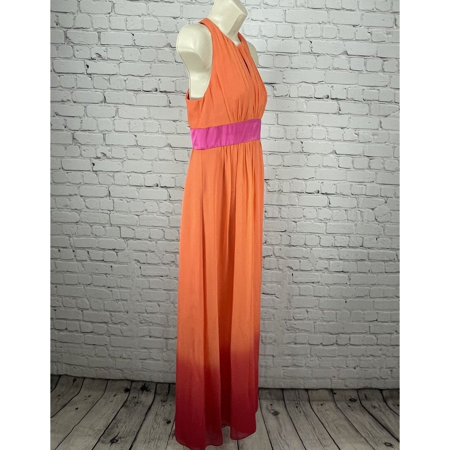 Kay Unger Orange Pink Silk Ombré Maxi Dress Gown Prom Zipped Lined Empire Size 2