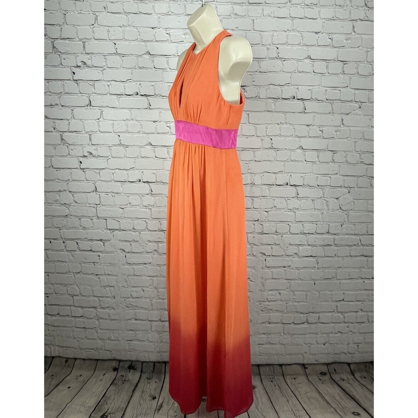 Kay Unger Orange Pink Silk Ombré Maxi Dress Gown Prom Zipped Lined Empire Size 2