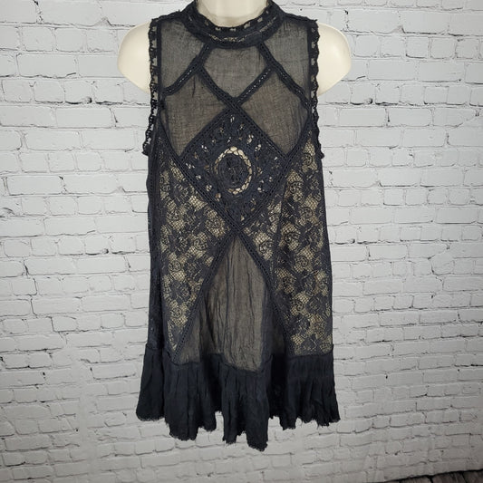 Free People Black Crochet Lace Overlay High Neck Mini Dress Size Small S