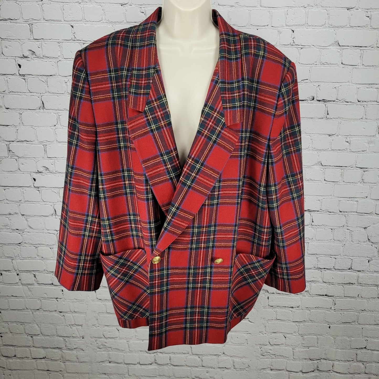 Giorgio Sant'Angelo Red Plaid 100% Wool Double Breasted Blazer Jacket Size 22
