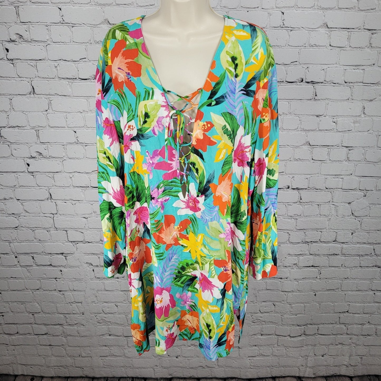 La Blanca Multicolor Tropical Floral Plunge Long Sleeve Pockets Dress Size 2XL