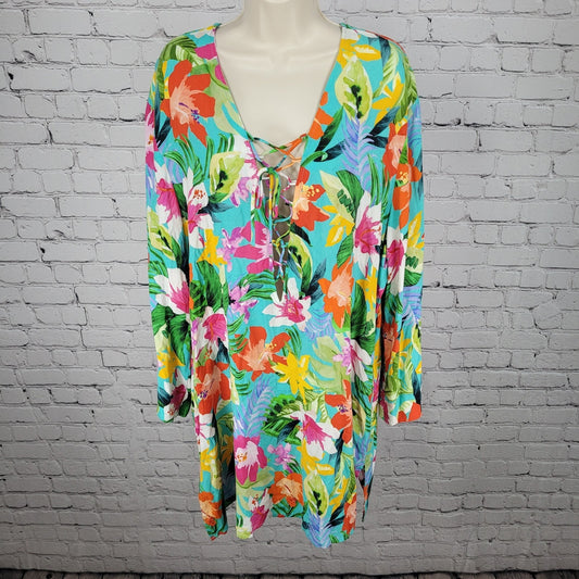 La Blanca Multicolor Tropical Floral Plunge Long Sleeve Pockets Dress Size 2XL