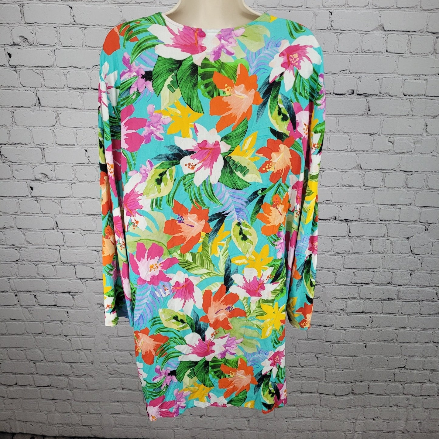 La Blanca Multicolor Tropical Floral Plunge Long Sleeve Pockets Dress Size 2XL