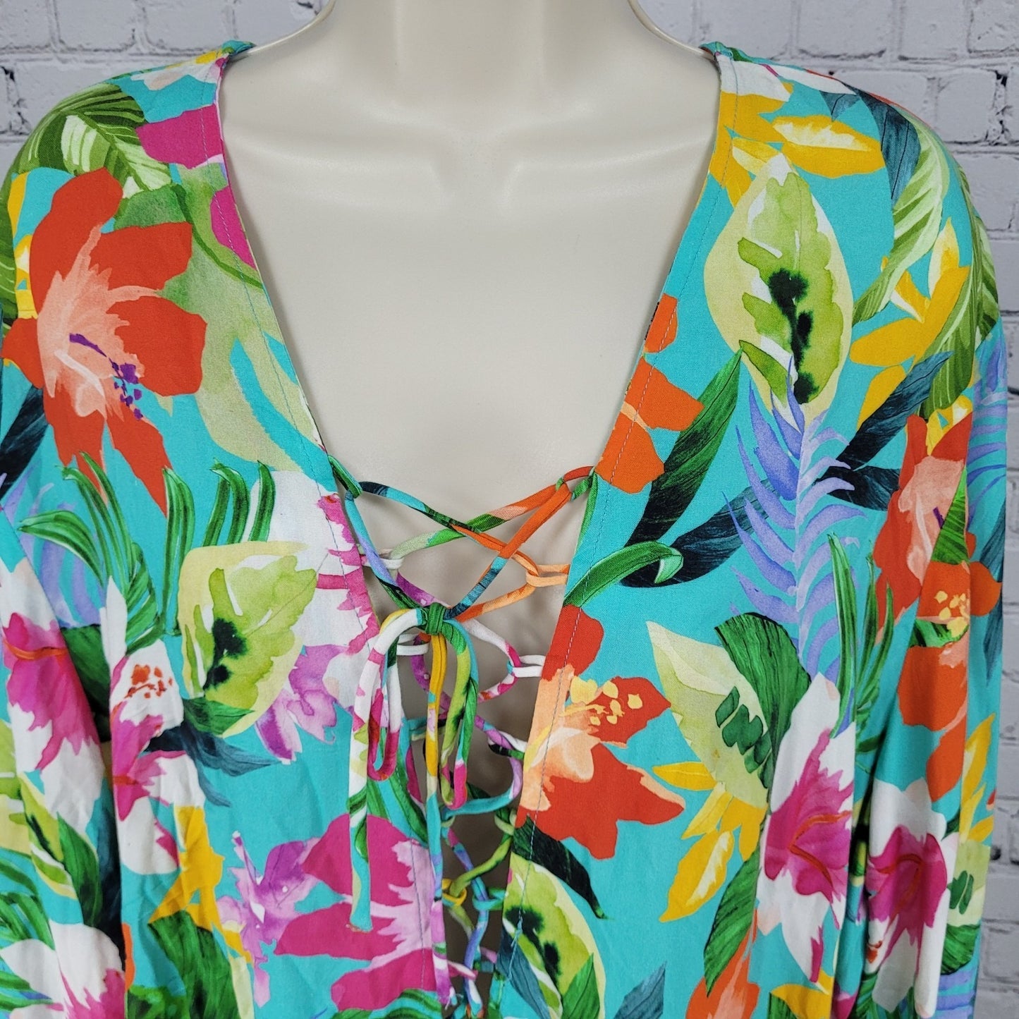 La Blanca Multicolor Tropical Floral Plunge Long Sleeve Pockets Dress Size 2XL