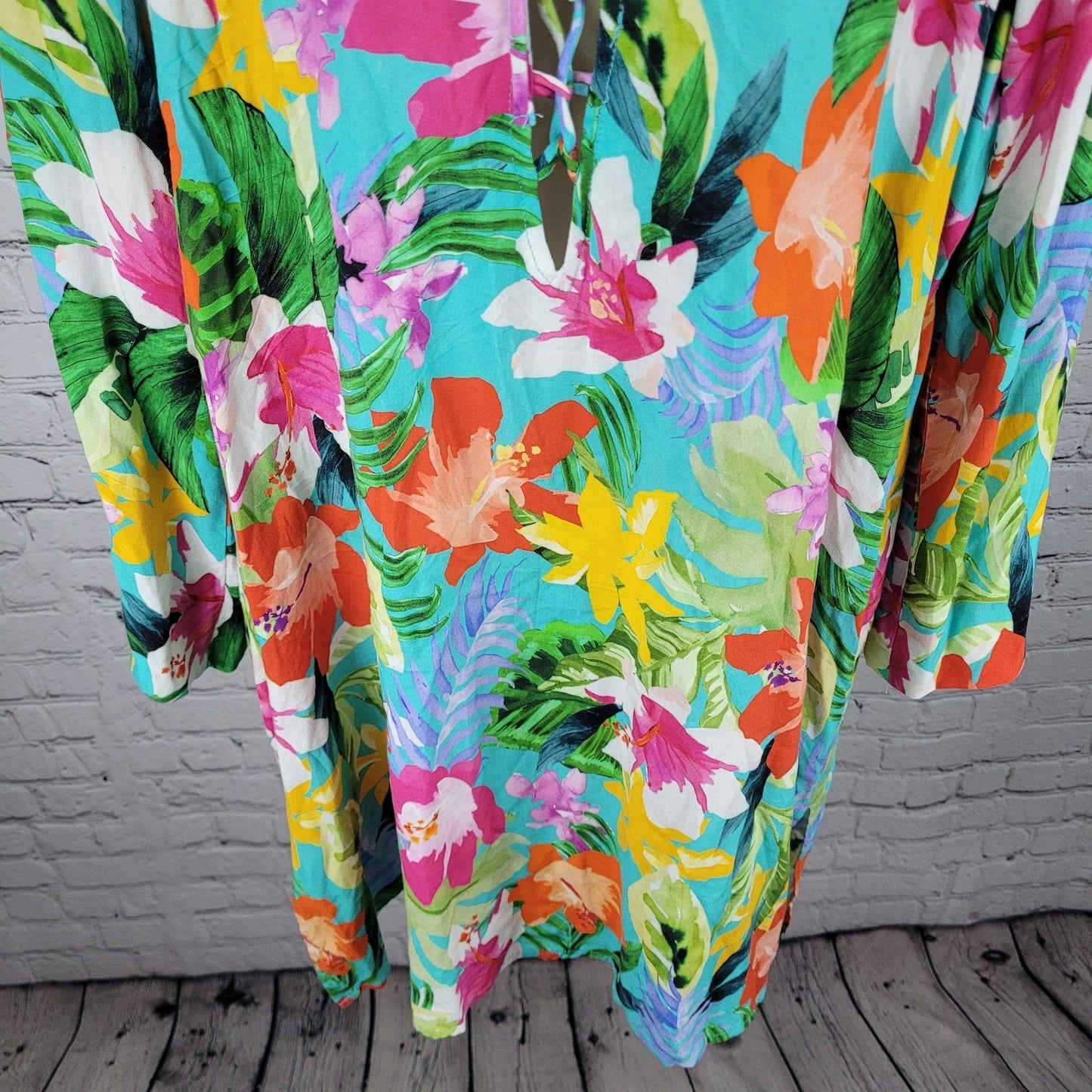 La Blanca Multicolor Tropical Floral Plunge Long Sleeve Pockets Dress Size 2XL