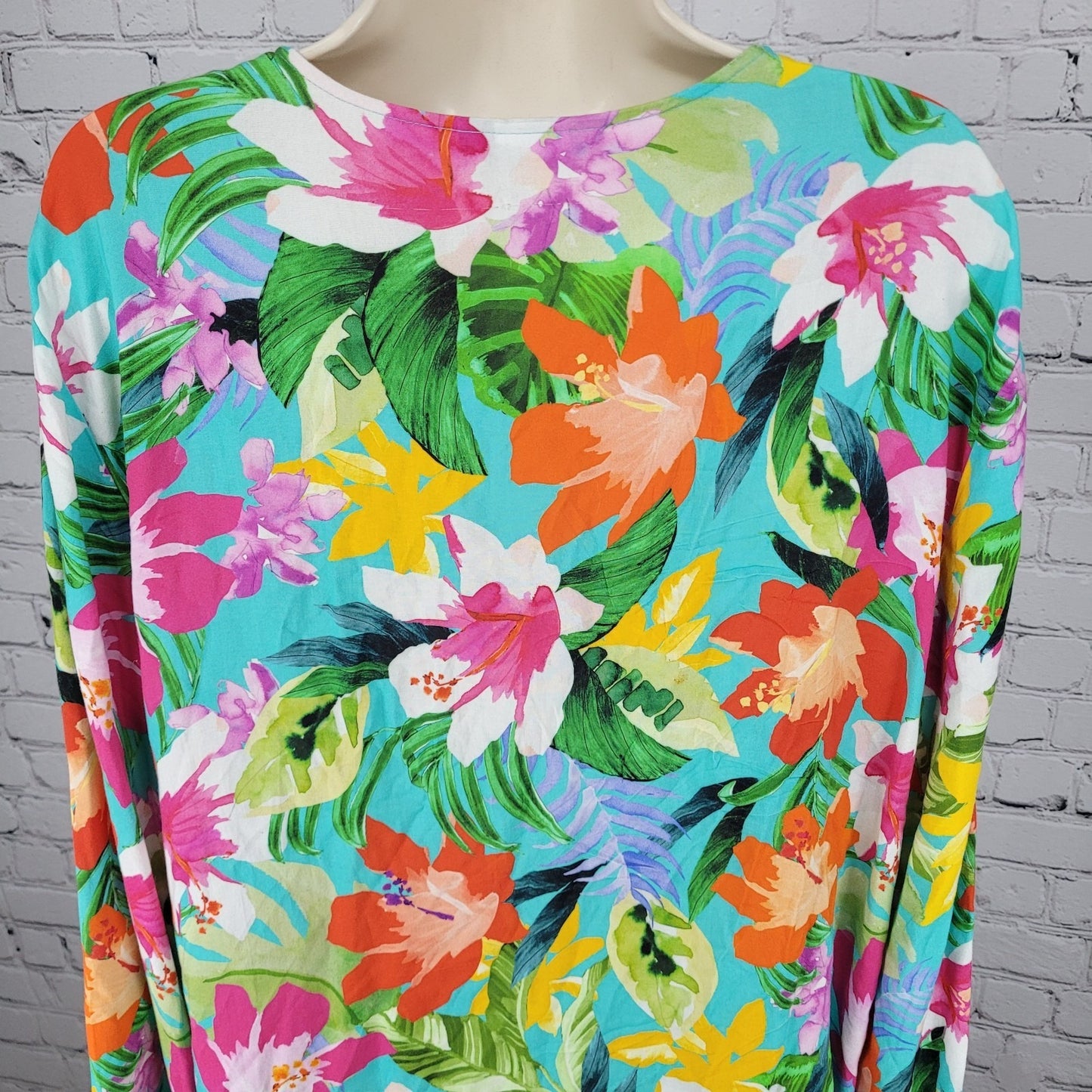 La Blanca Multicolor Tropical Floral Plunge Long Sleeve Pockets Dress Size 2XL