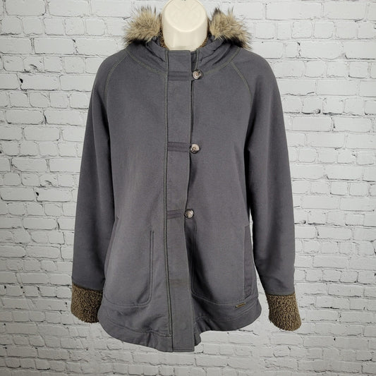 Eddie Bauer Grey Sherpa Lined Hooded Fur Trim Full Zip Jacket Size Medium M