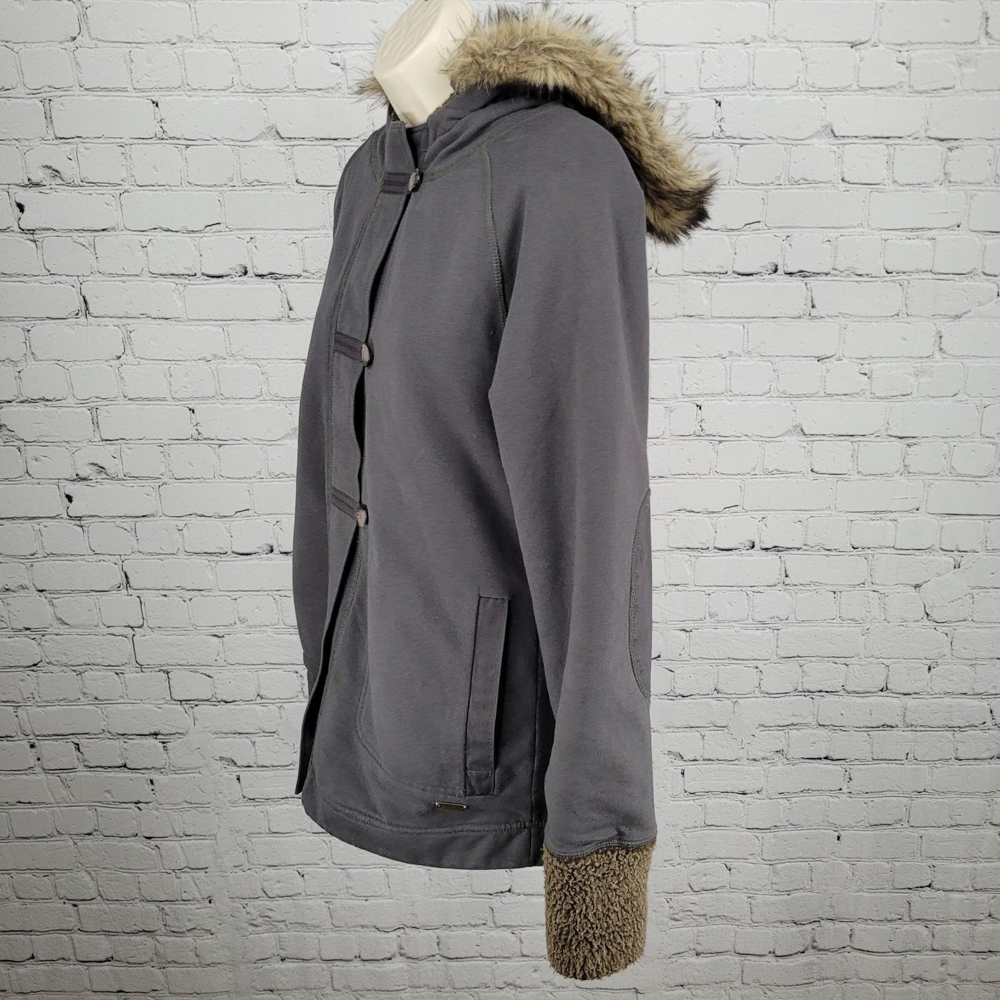 Eddie Bauer Grey Sherpa Lined Hooded Fur Trim Full Zip Jacket Size Medium M