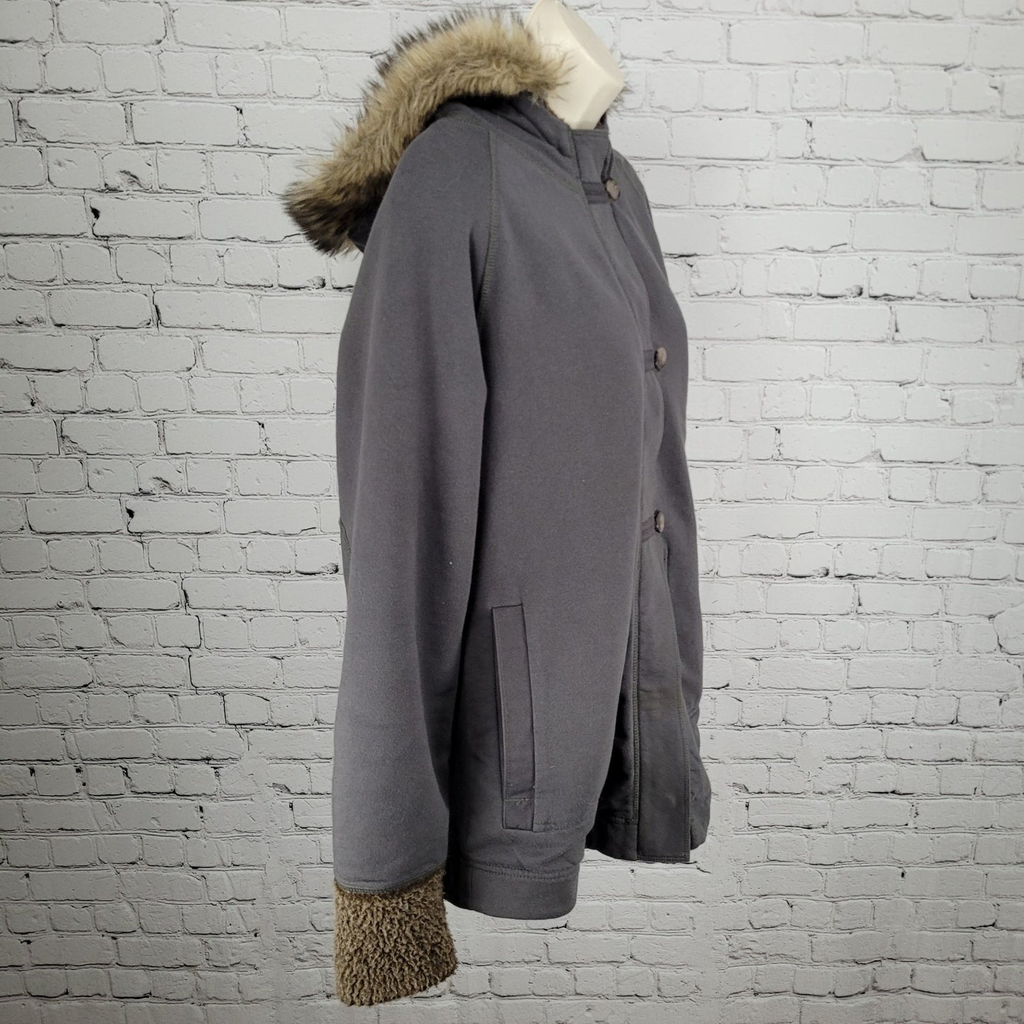 Eddie Bauer Grey Sherpa Lined Hooded Fur Trim Full Zip Jacket Size Medium M