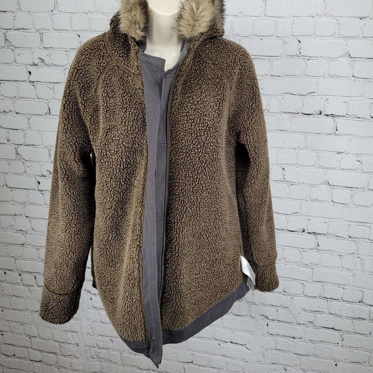 Eddie Bauer Grey Sherpa Lined Hooded Fur Trim Full Zip Jacket Size Medium M