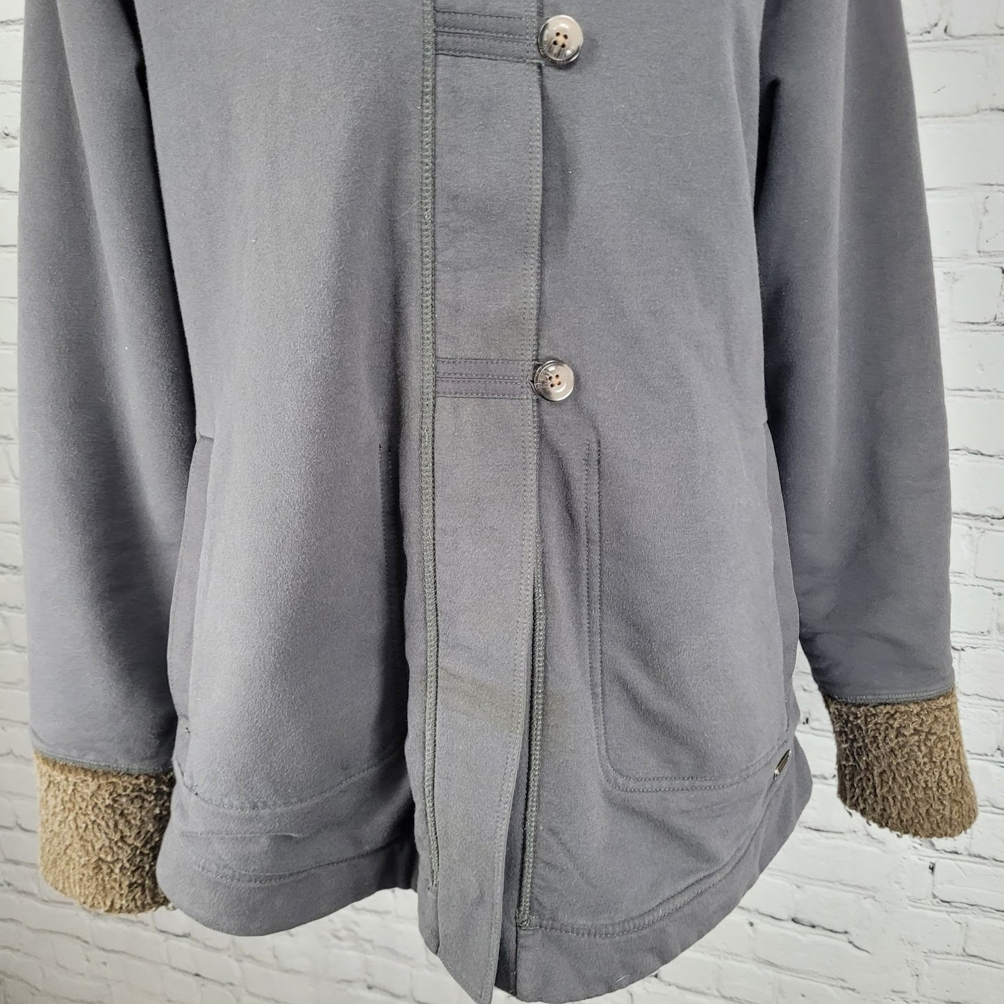 Eddie Bauer Grey Sherpa Lined Hooded Fur Trim Full Zip Jacket Size Medium M