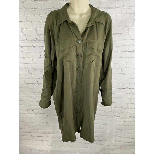 Topshop Army Green Collared Button Up Roll Tab Sleeve Dress w Belt Loops 6