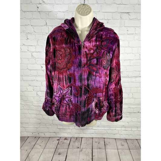 Chico’s Purple Red Embroidered Embellished Hippie Floral Full Zip Jacket Size M