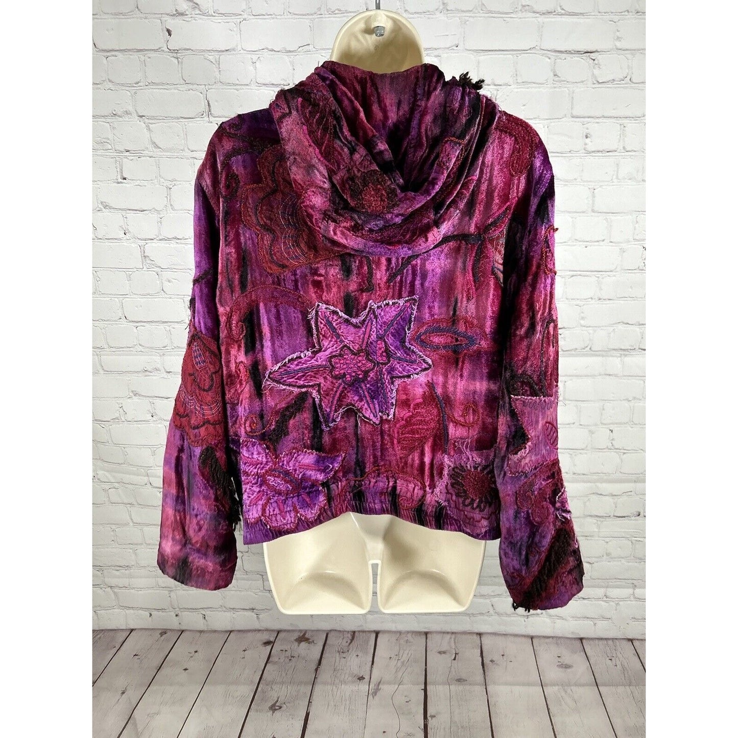 Chico’s Purple Red Embroidered Embellished Hippie Floral Full Zip Jacket Size M
