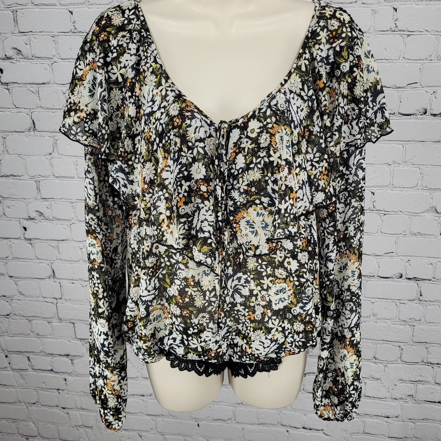Intimately Free People Floral Chiffon Boho Ruffle Blouse Bodysuit Size Medium M