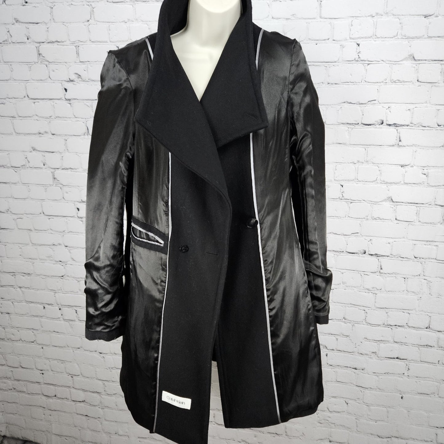 Calvin Klein Black Wool Blend Buttoned Belted Inner Pocket Over Coat Small S