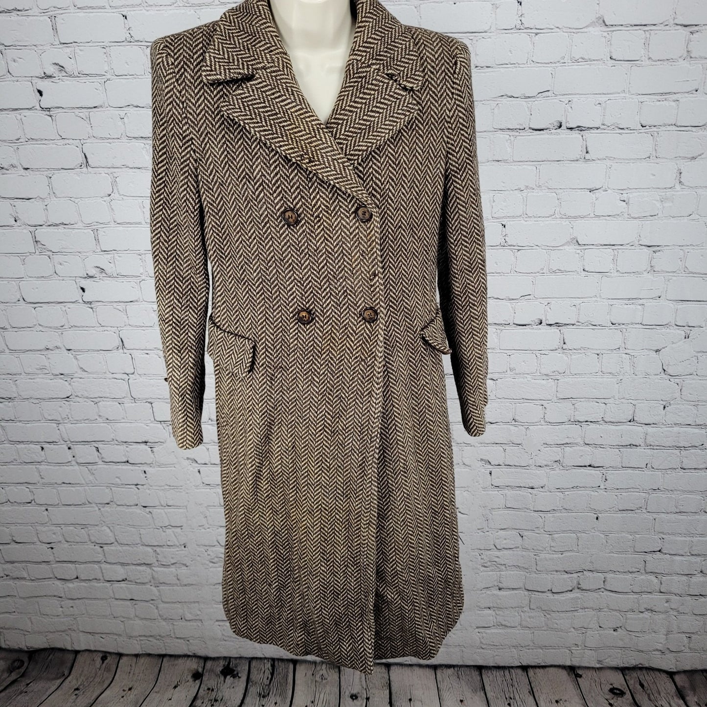 VTG Michael Kors Brown Wool Blend Herringbone Lined Pea Coat Italy Made Size 6