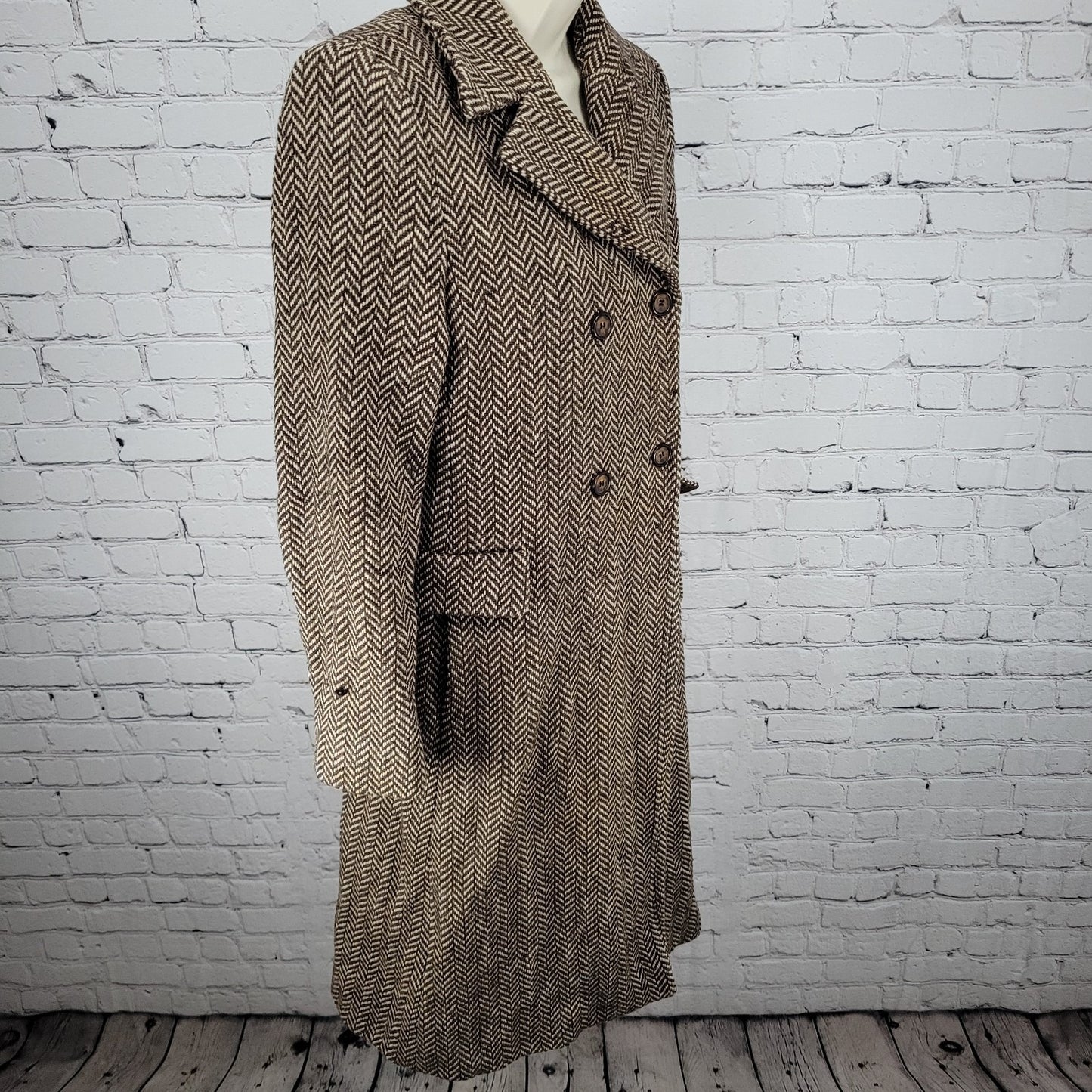 VTG Michael Kors Brown Wool Blend Herringbone Lined Pea Coat Italy Made Size 6