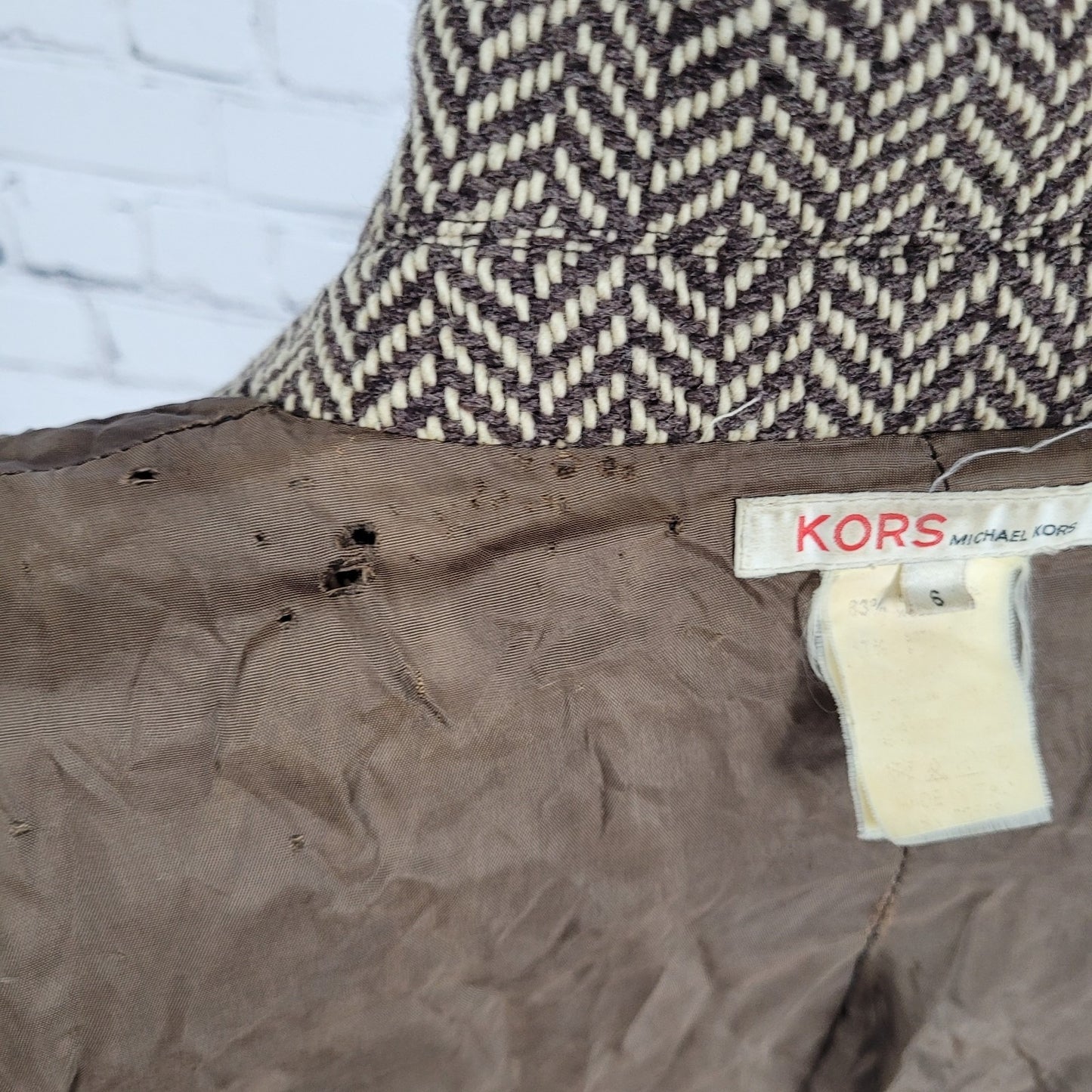 VTG Michael Kors Brown Wool Blend Herringbone Lined Pea Coat Italy Made Size 6