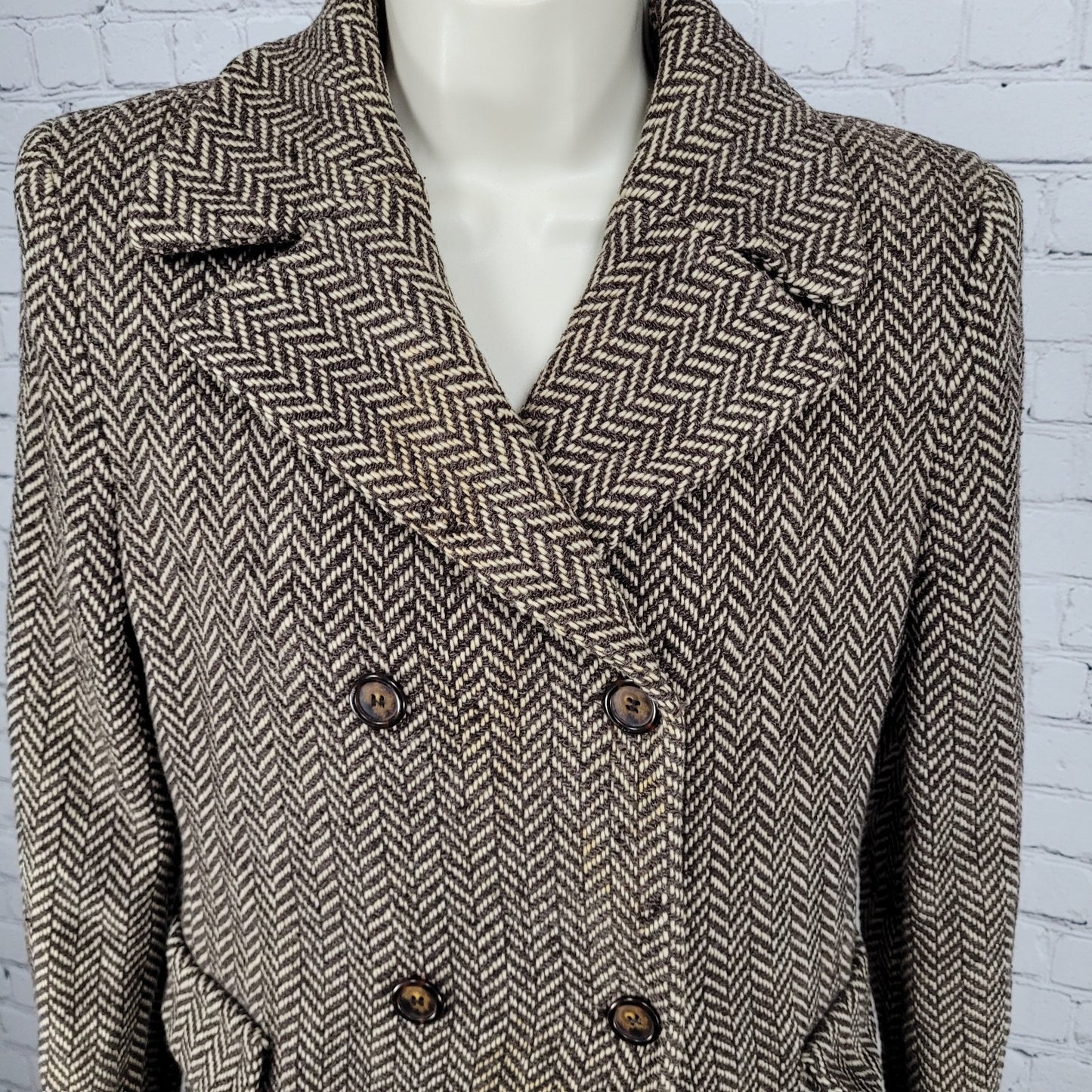 VTG Michael Kors Brown Wool Blend Herringbone Lined Pea Coat Italy Made Size 6