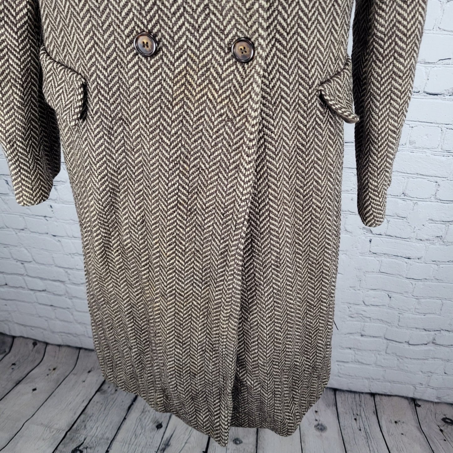 VTG Michael Kors Brown Wool Blend Herringbone Lined Pea Coat Italy Made Size 6