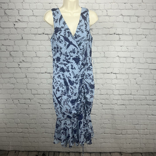 Eliza J Blue Macaw Bird Floral Sleeveless Textured Ruching Midi Trumpet Dress 8